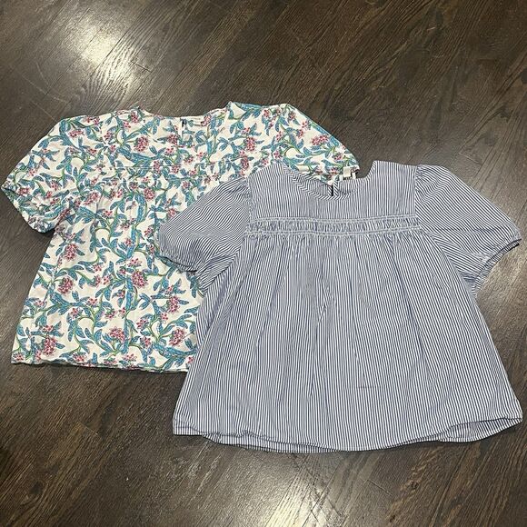 J Crew Puff Sleeve Top Lot Of 2 Women’s 2X Blue Striped Floral Blouses Beach - Picture 1 of 7